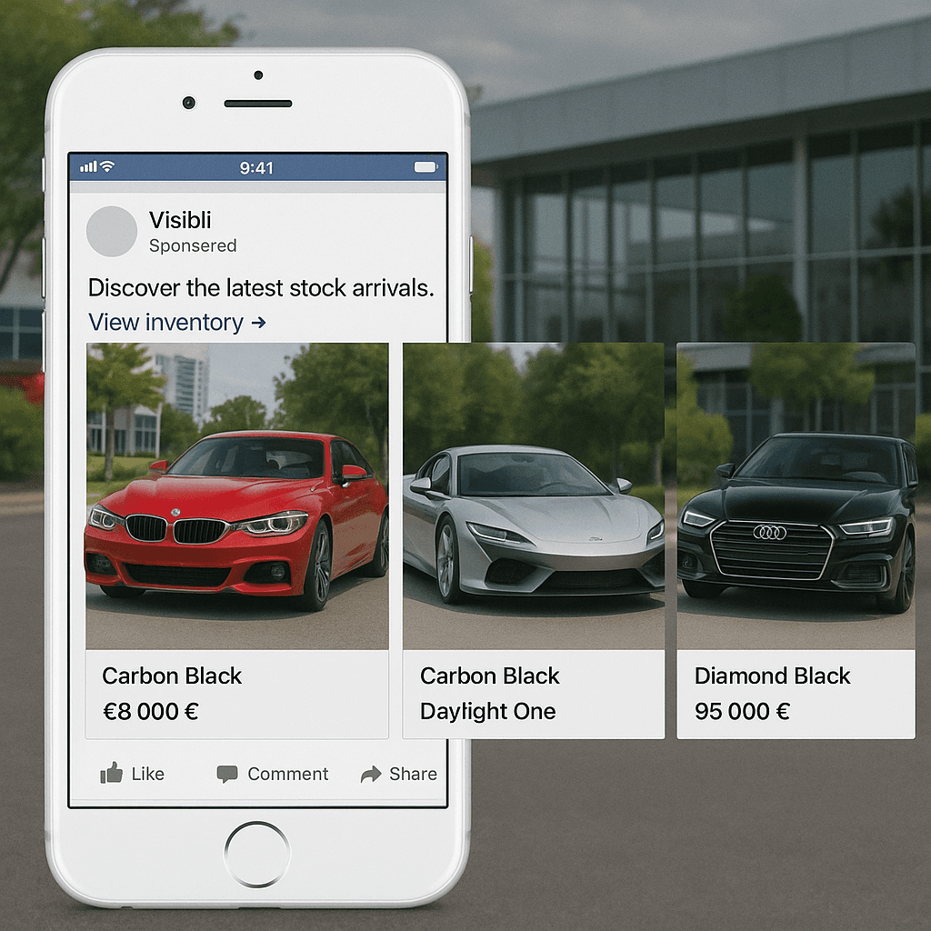 Carrousel publicitaire Facebook affichant plusieurs véhicules d'un garage sur un smartphone, exemple de campagne Meta Ads alimentée par le stock